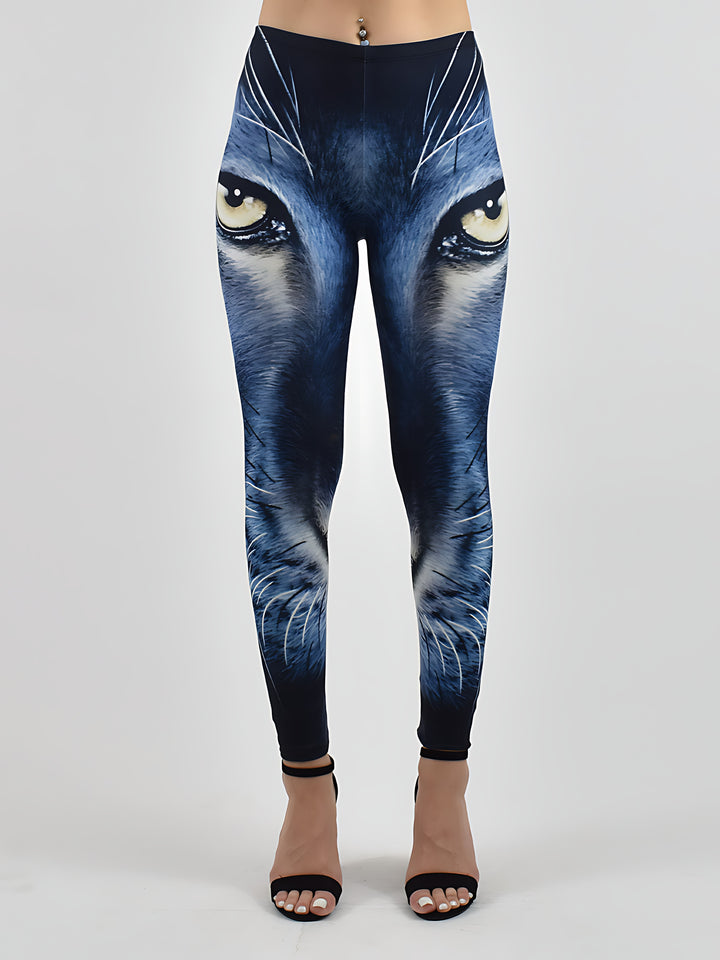 Black Panther print leggings with a bold panther face design, shown on a model against a white studio background.