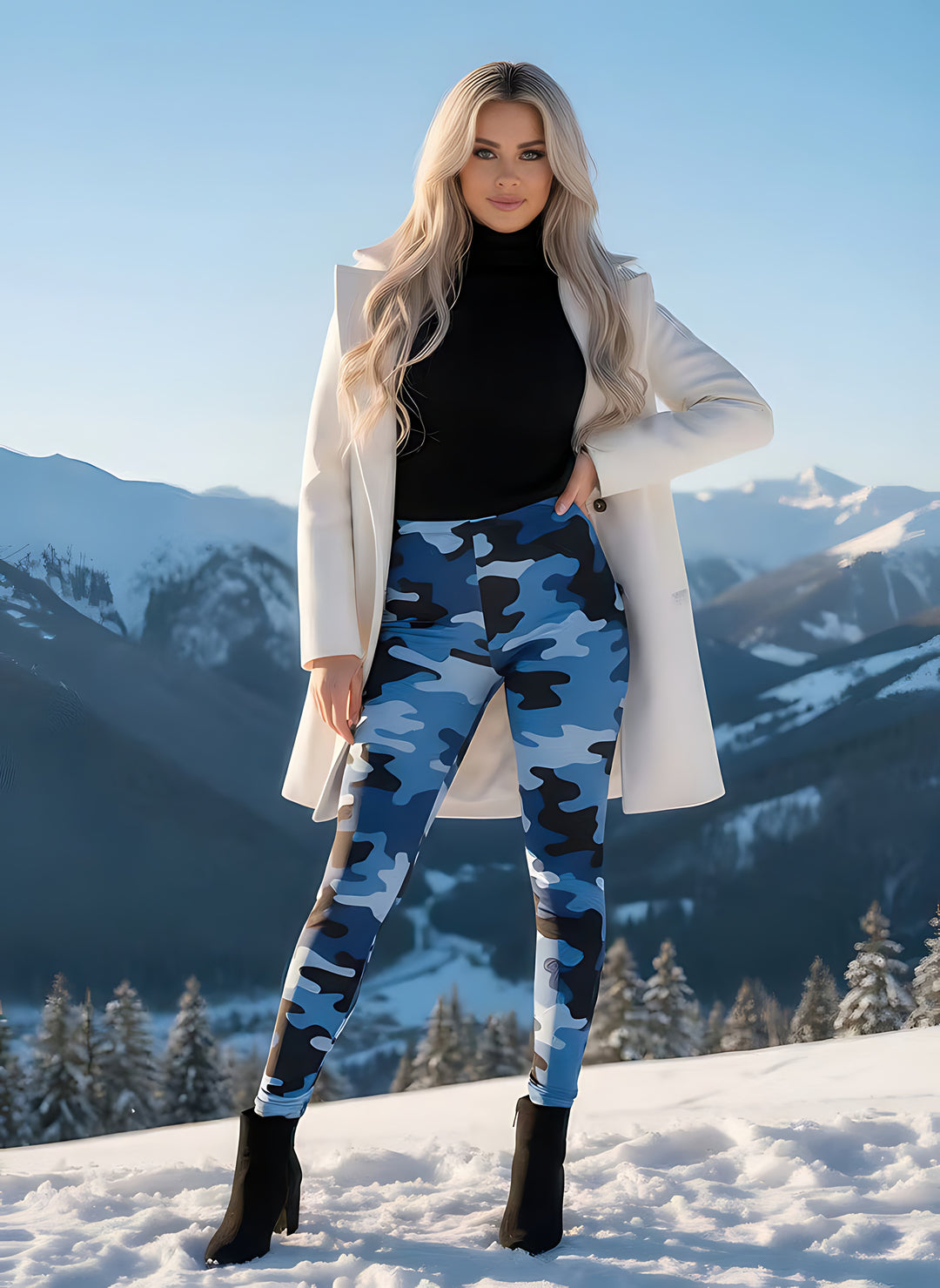 Woman in a black turtleneck and white coat wearing Blue Camo print leggings with black ankle boots in the snow.