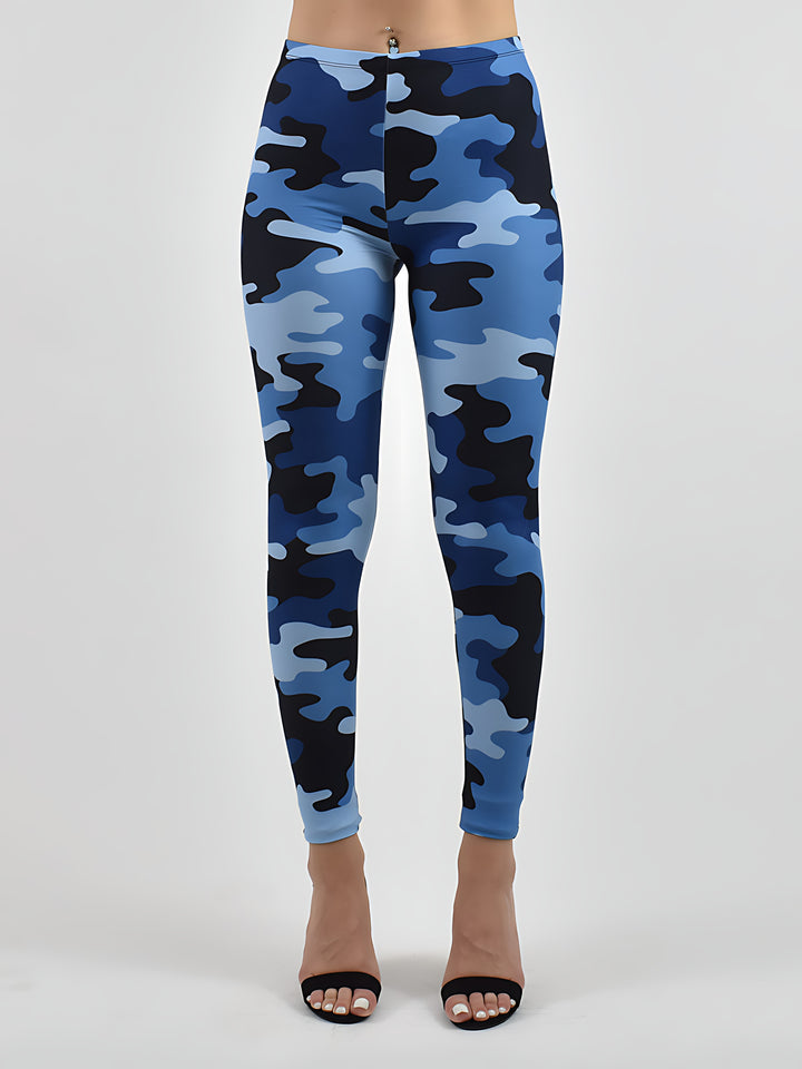 Blue Camo print leggings in shades of blue and black camouflage, shown on a model against a white studio background.