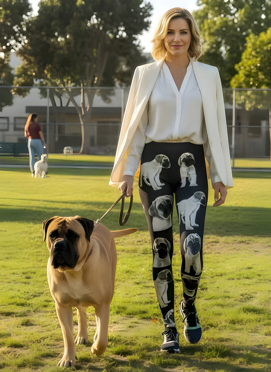 Woman in a white blazer wearing Bullmastiff print leggings and sneakers, walking a real Bullmastiff on a leash at the park.