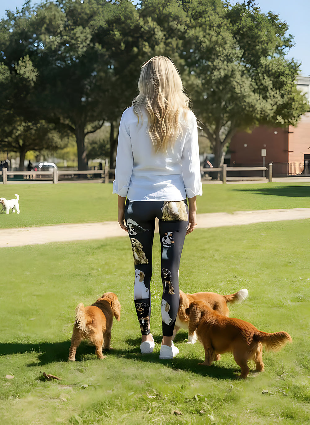 Back view of woman wearing Cavalier King Charles print leggings with Cavalier Spaniels playing around her on the grass.