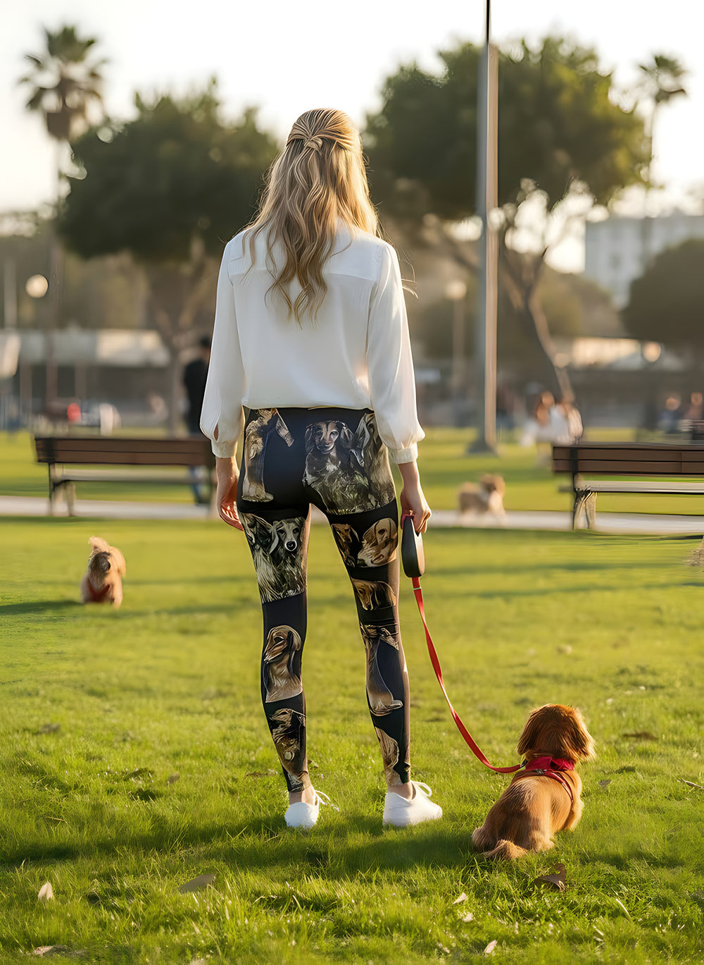 Back view of woman wearing Long-Haired Dachshund print leggings with a Dachshund on a red leash beside her in the park.