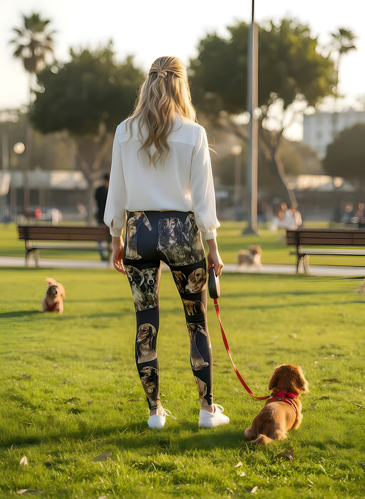 Back view of woman wearing Long-Haired Dachshund print leggings with a Dachshund on a red leash beside her in the park.