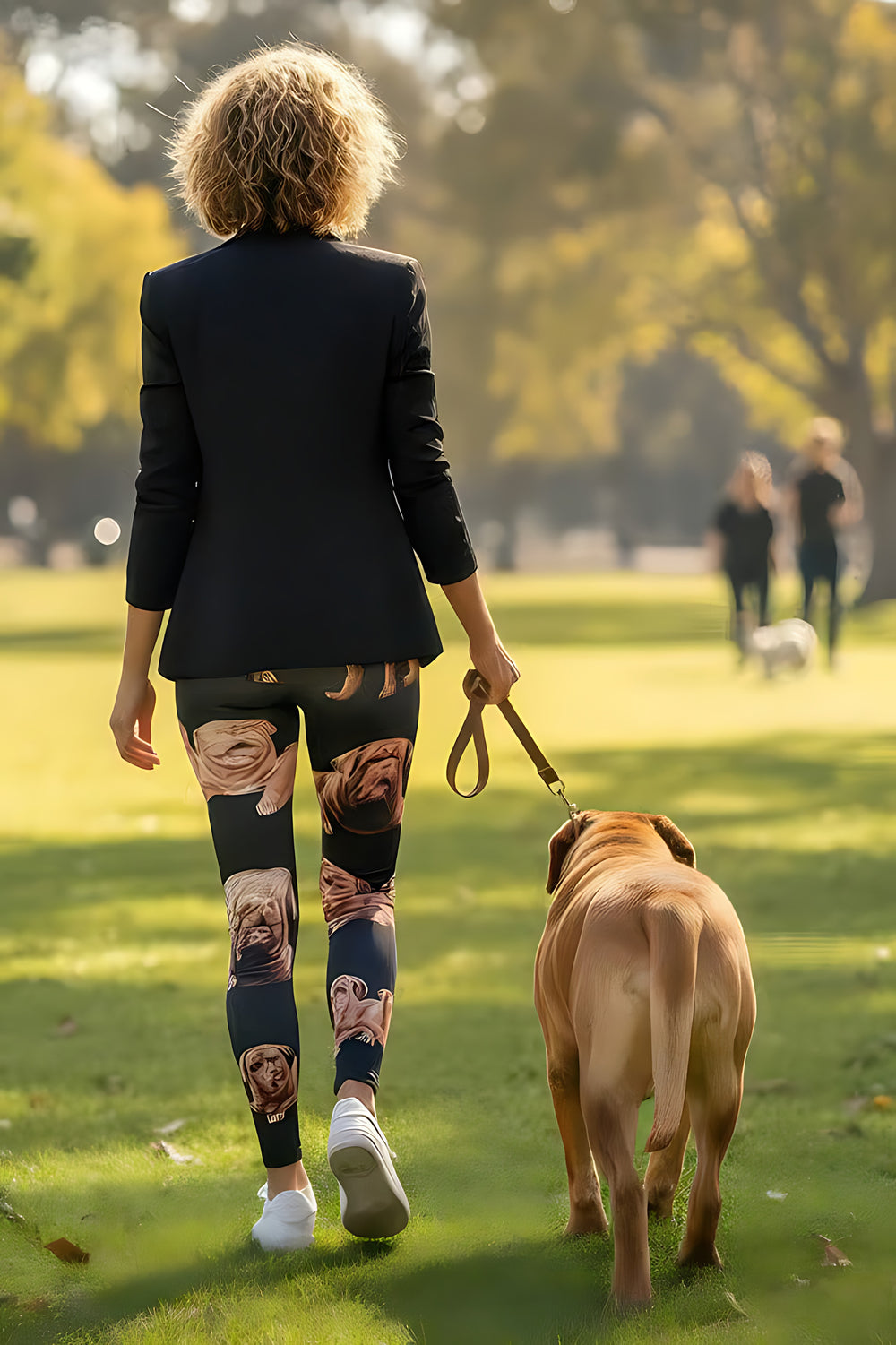 Back view of woman in a black blazer wearing Dogue de Bordeaux print leggings, walking a Dogue de Bordeaux on a leash.