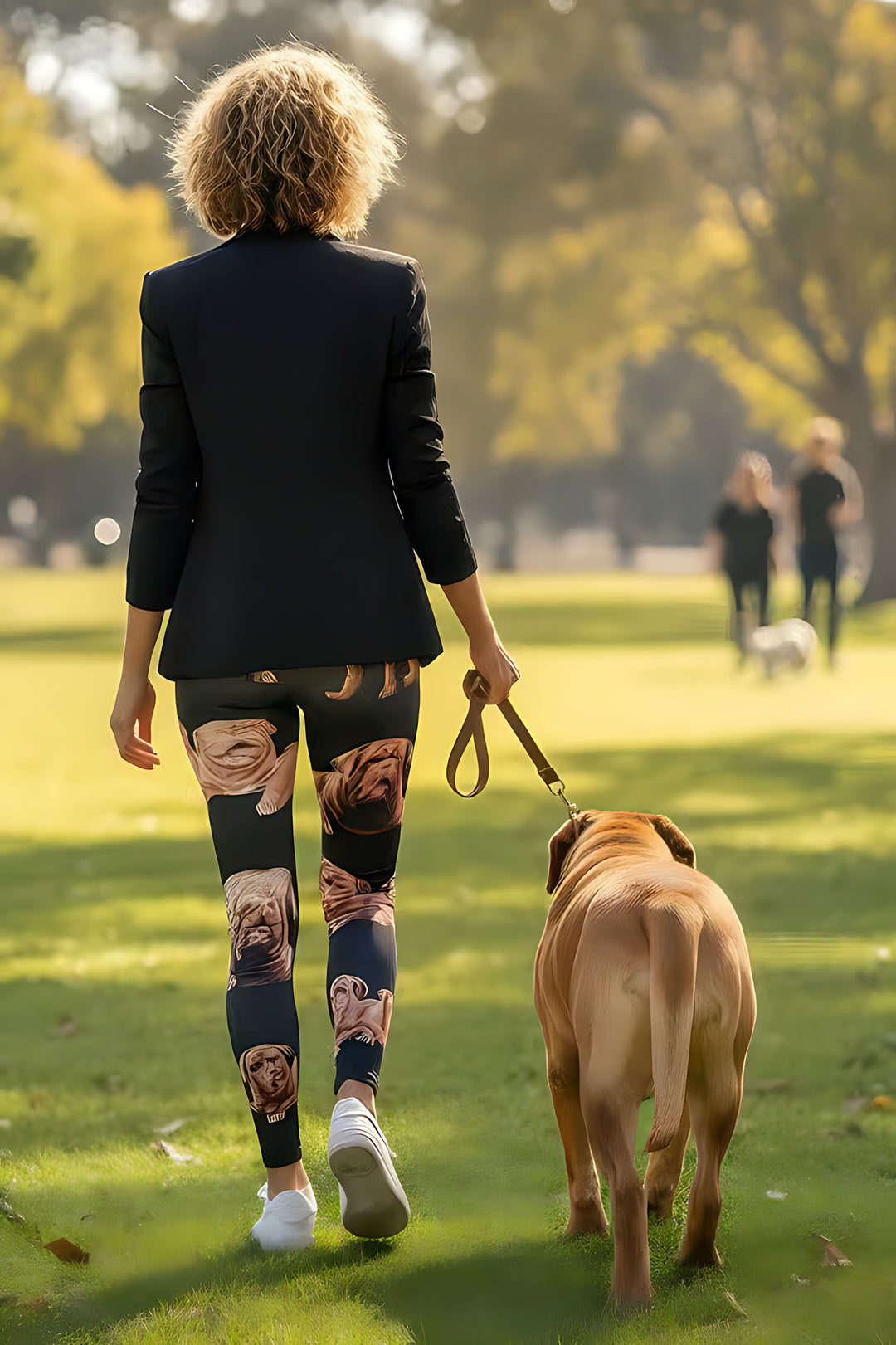 Back view of woman in a black blazer wearing Dogue de Bordeaux print leggings, walking a Dogue de Bordeaux on a leash.