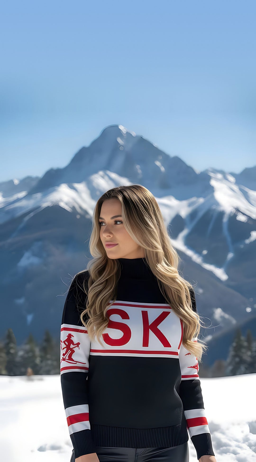 Woman wearing the black Cowgirl Skiers turtleneck sweater with red SKI lettering and red skier sleeve intarsia.