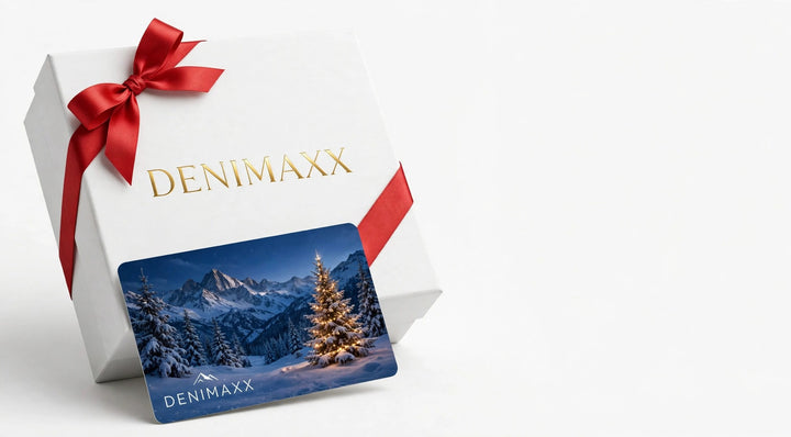 Denimaxx gift card in a white gift box with red ribbon