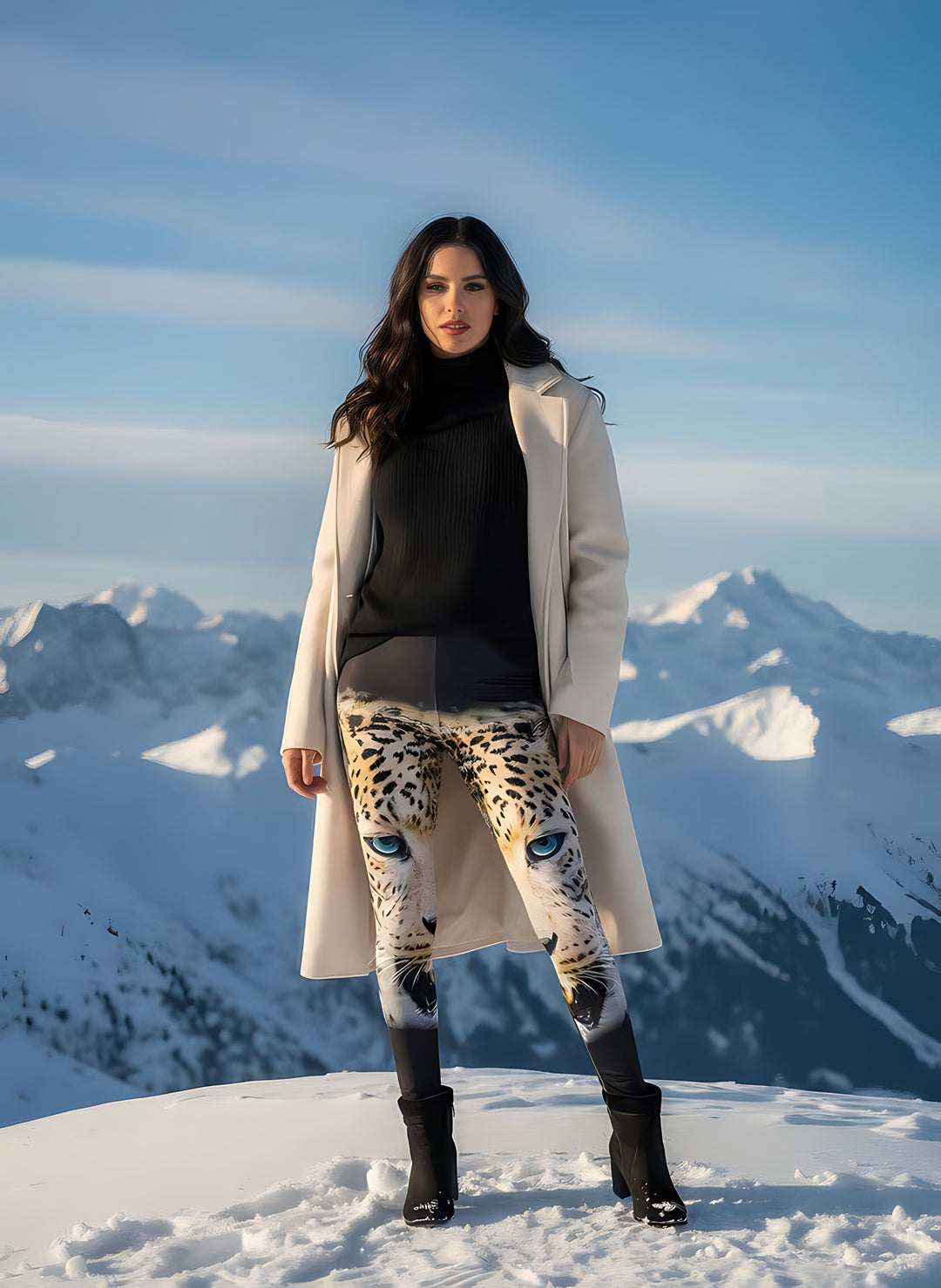Woman modeling Green-Eyed Leopard print leggings with a long white coat and black boots, standing in snow with alpine peaks.