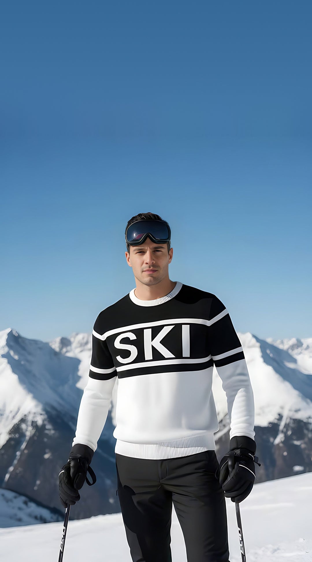 Man wearing the SKI intarsia crewneck sweater with white lettering on a black chest band, holding ski poles on snow.