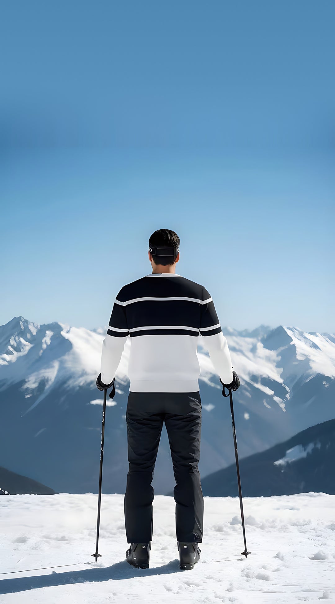 Back view of man in the black and white SKI intarsia crewneck sweater with ski poles on a snowy mountain.