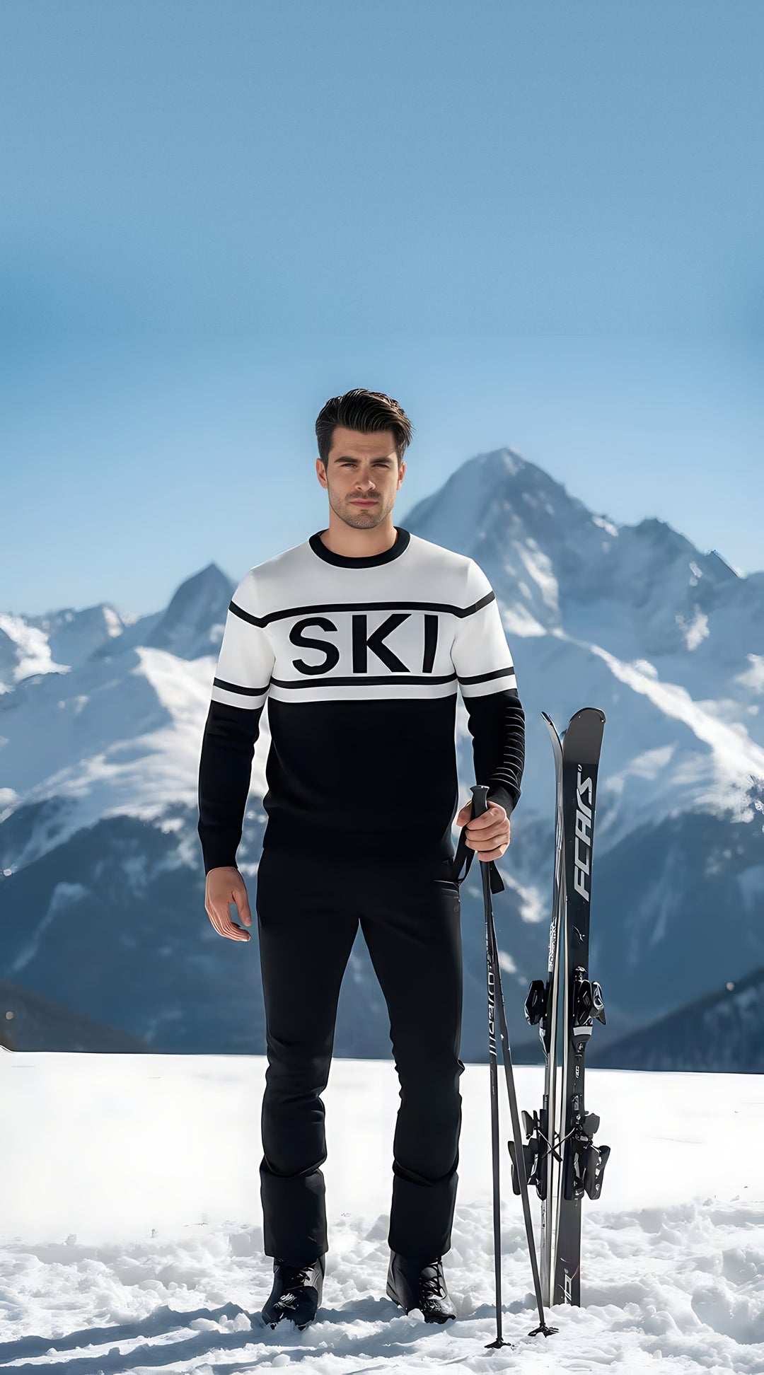 Man wearing the white and black SKI intarsia crewneck sweater, standing with skis and poles on a snowy slope.