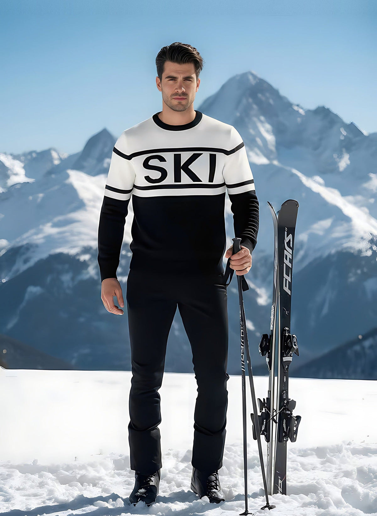 Man wearing the white and black SKI intarsia crewneck sweater, standing with skis and poles on a snowy slope.