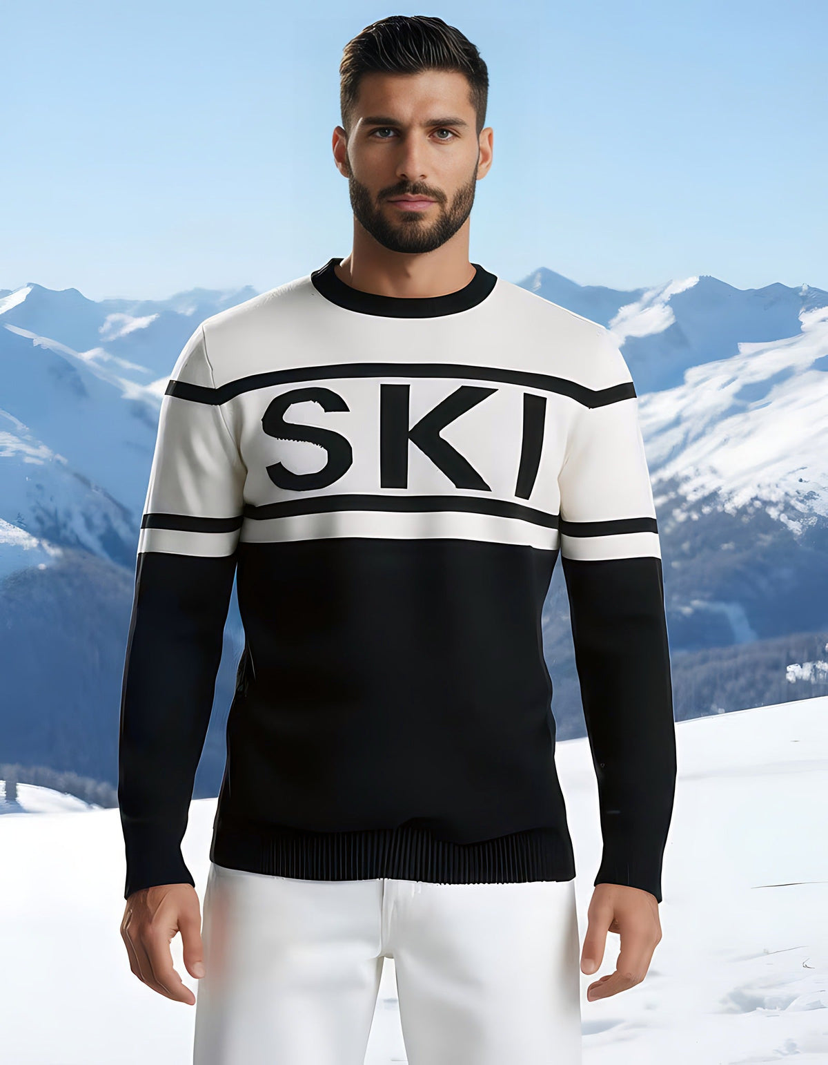 Close-up of the SKI intarsia crewneck sweater with bold black lettering on a white chest band, modeled in the snow.