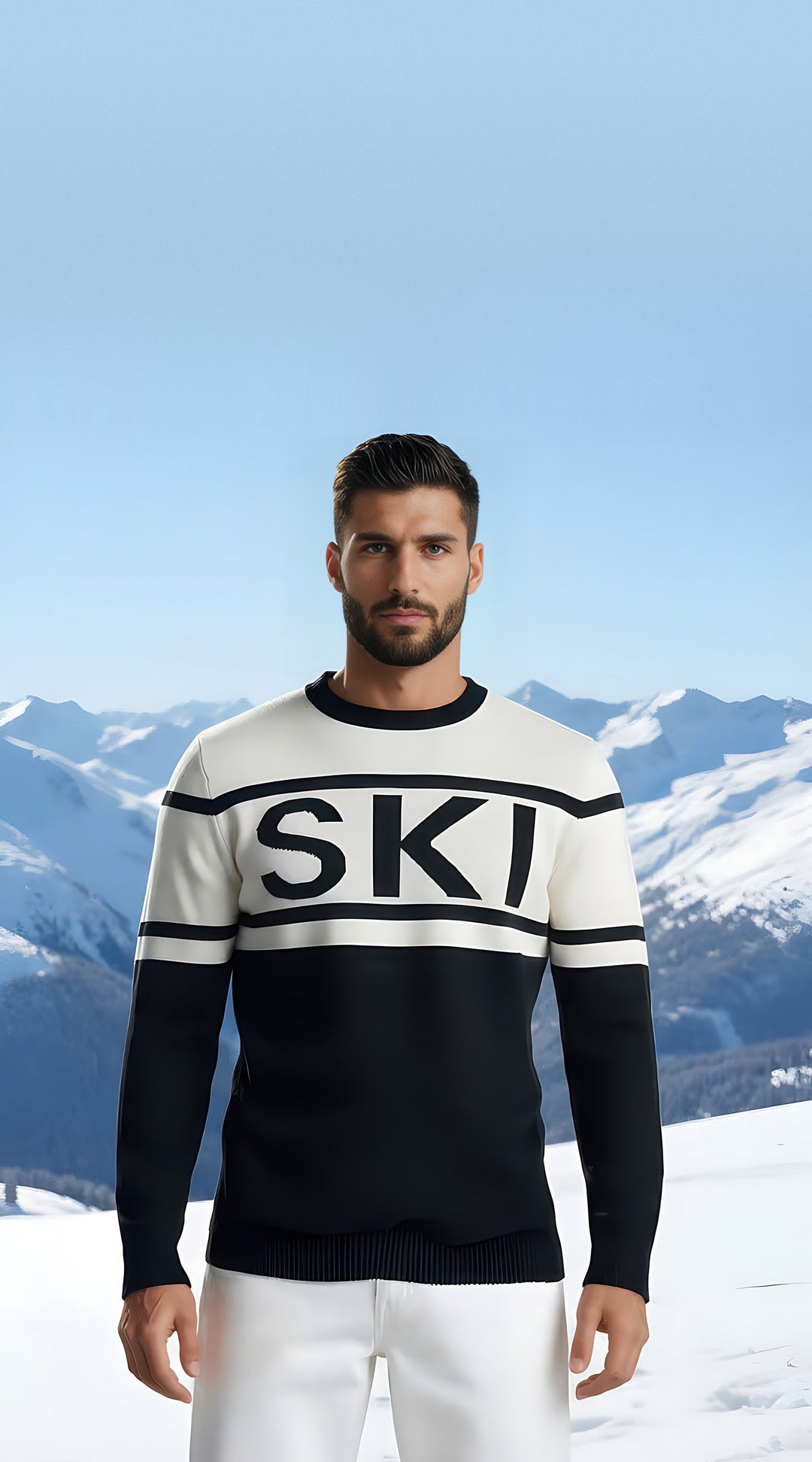Close-up of the SKI intarsia crewneck sweater with bold black lettering on a white chest band, modeled in the snow.