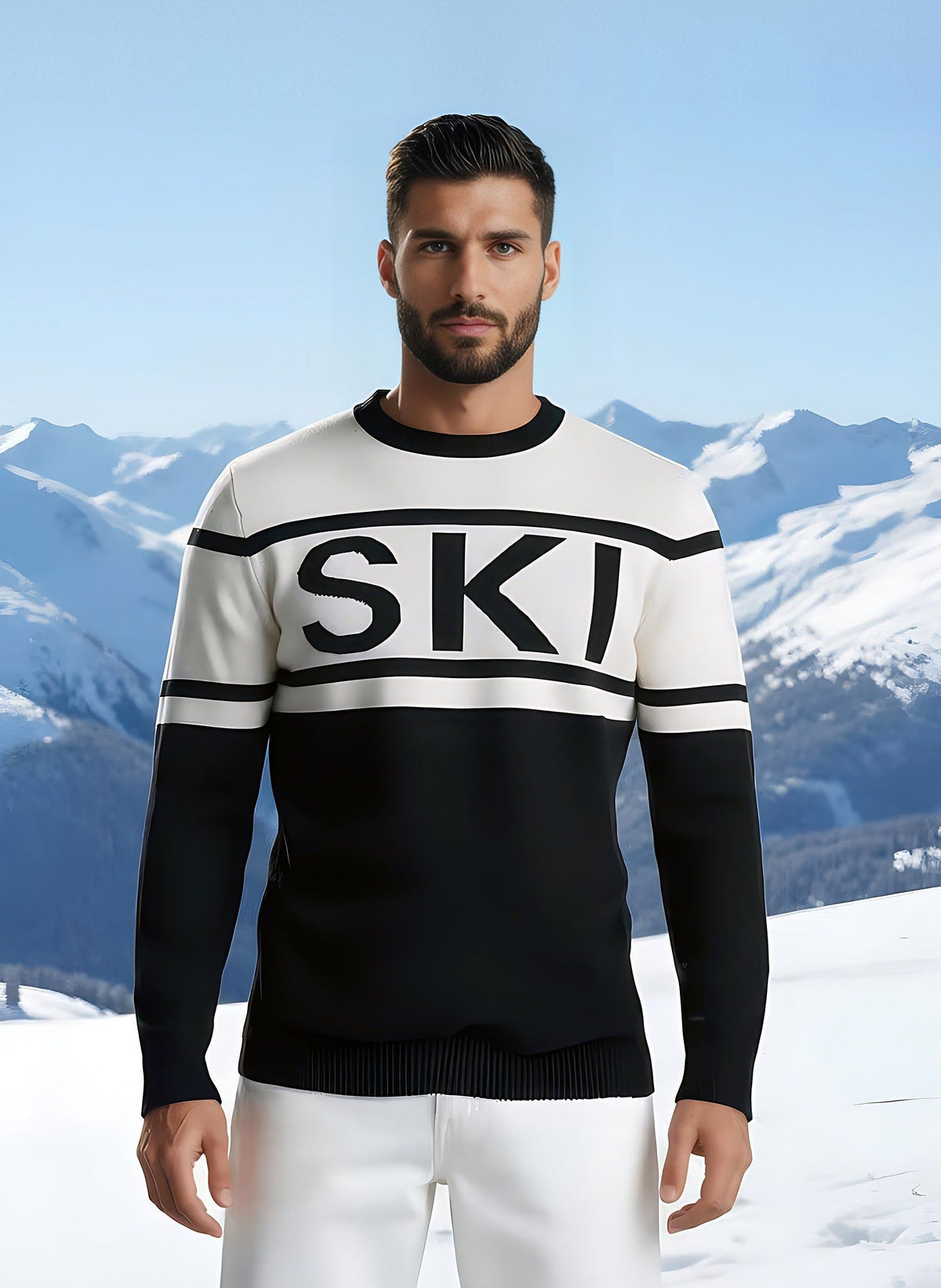 Close-up of the SKI intarsia crewneck sweater with bold black lettering on a white chest band, modeled in the snow.