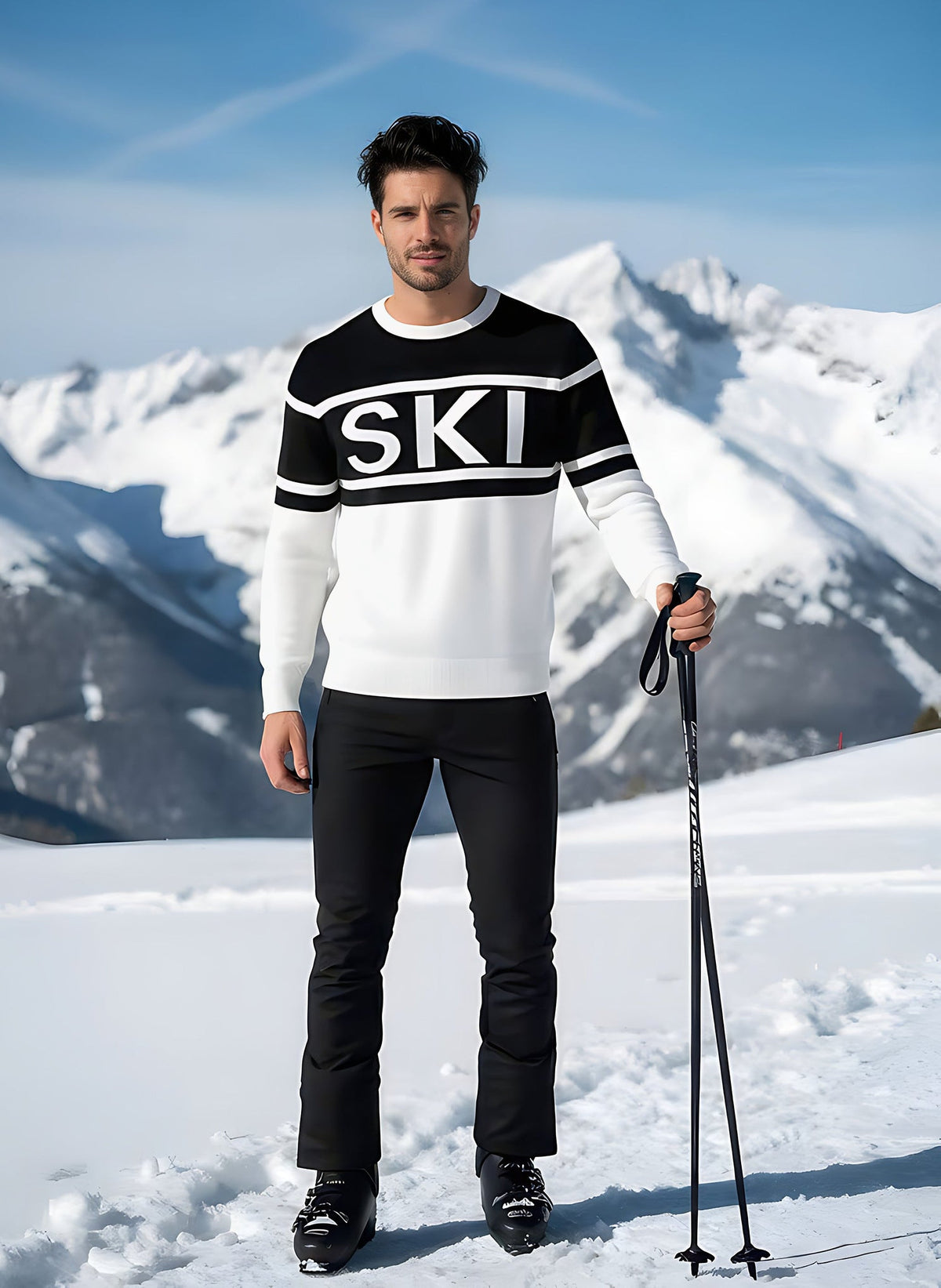 Man modeling the SKI intarsia crewneck sweater in black and white, holding a ski pole with snowy peaks behind.