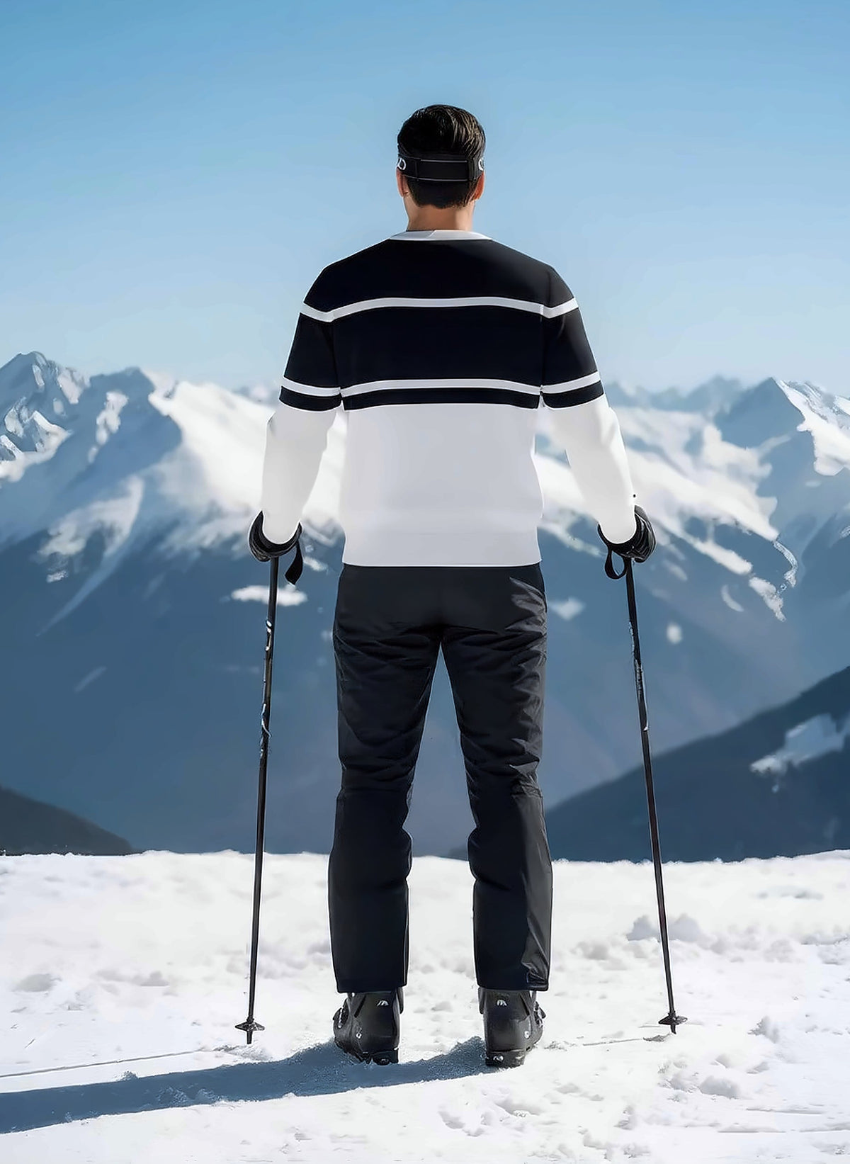 Back view of man in the black and white SKI intarsia crewneck sweater with ski poles on a snowy mountain.