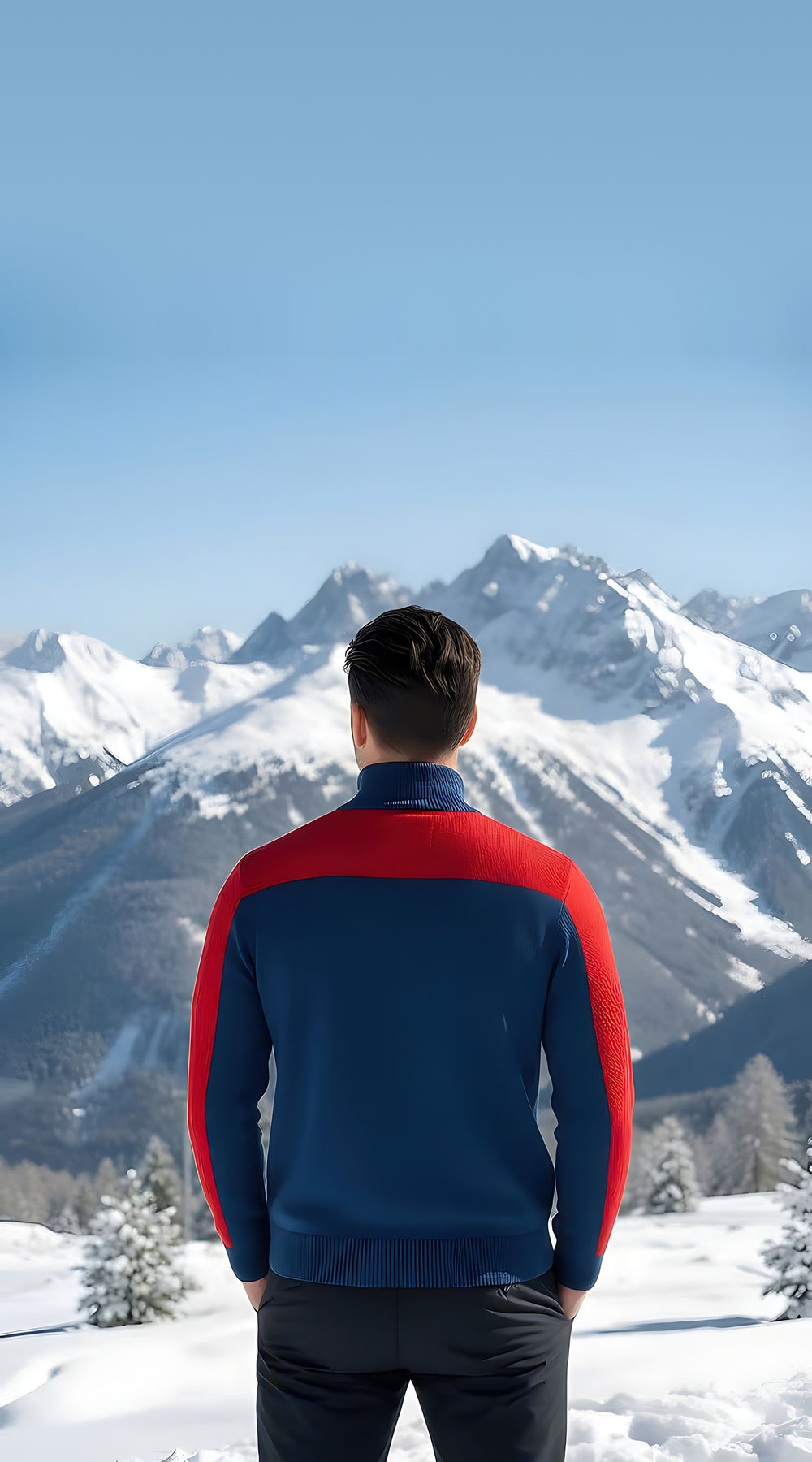 Back view of man in the red and navy SKI half-zip ski turtleneck overlooking snowy peaks and pine trees.