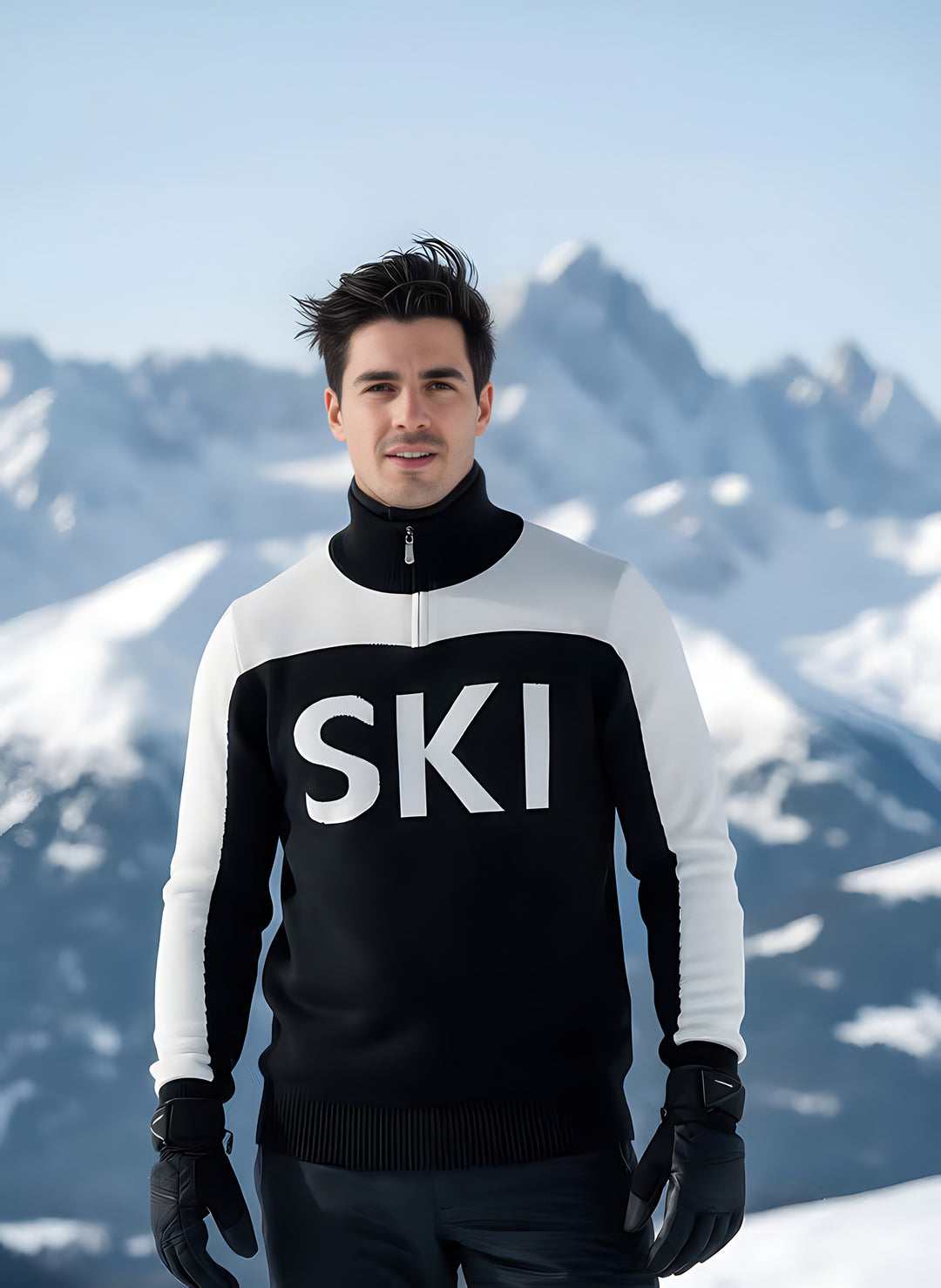 Man wearing the black and white SKI half-zip turtleneck ski sweater with black gloves on a snowy slope.