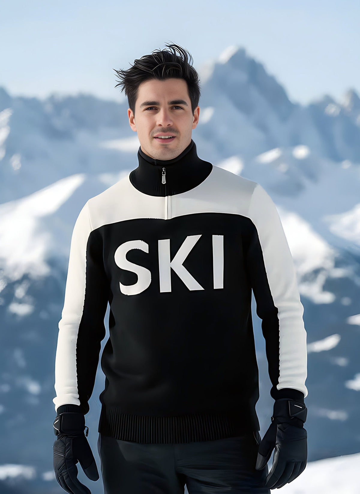 Man wearing the black and white SKI half-zip turtleneck ski sweater with black gloves on a snowy slope.