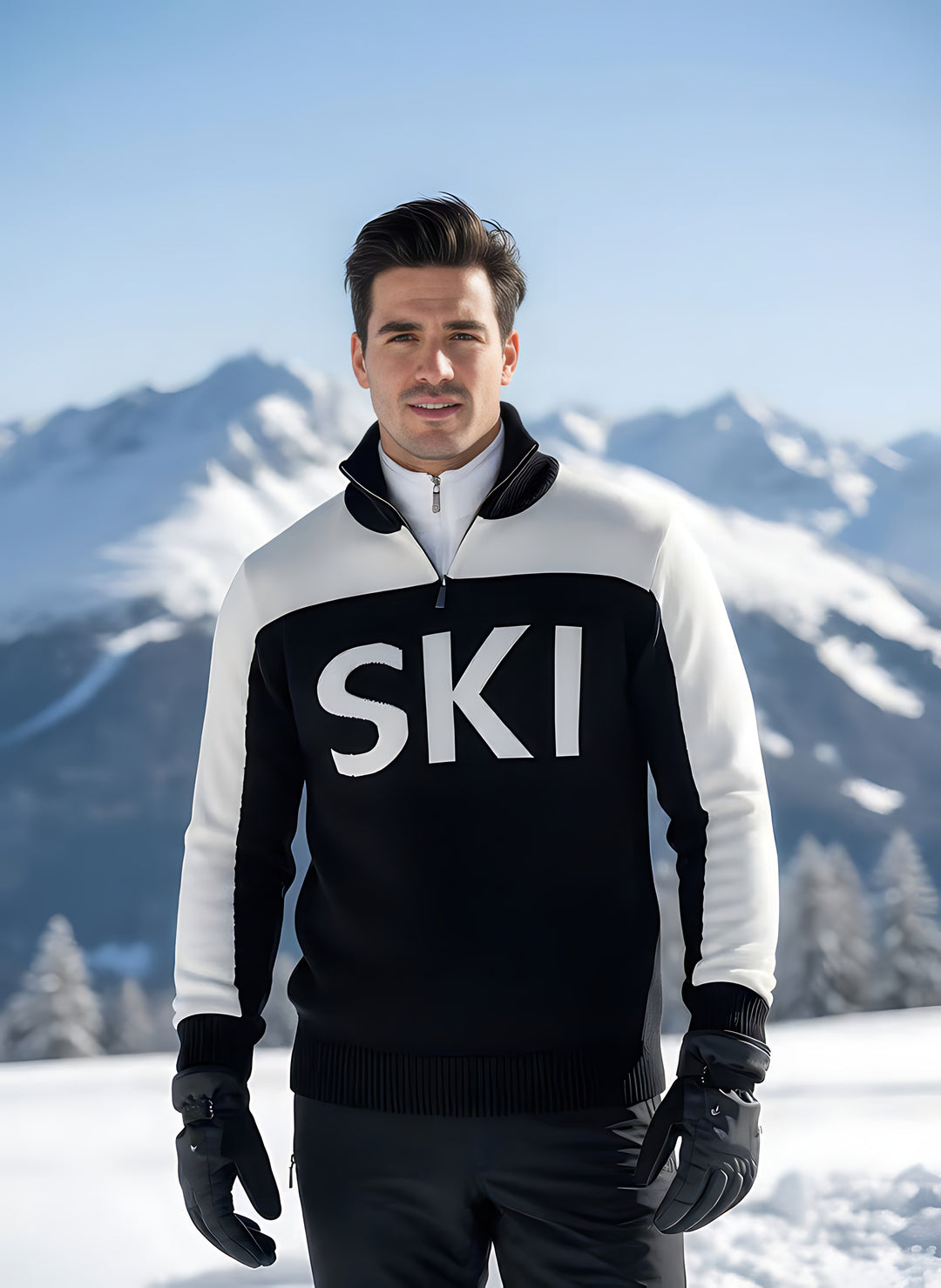 Man in the black and white SKI half-zip ski turtleneck with the collar unzipped, standing in snow with mountains.