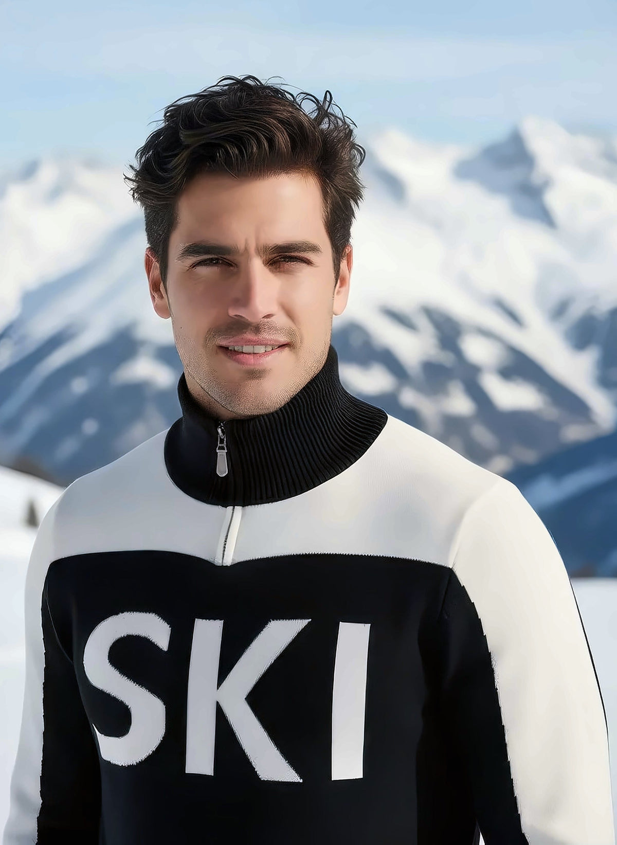 Close-up of the black and white SKI half-zip turtleneck ski sweater, showing the ribbed collar and knit detail.