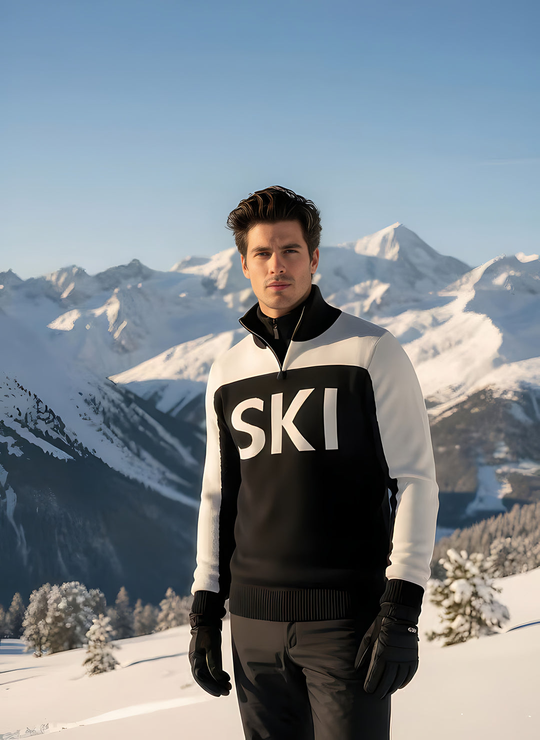 Man modeling the black and white SKI half-zip turtleneck ski sweater with gloves, snowy pines behind.