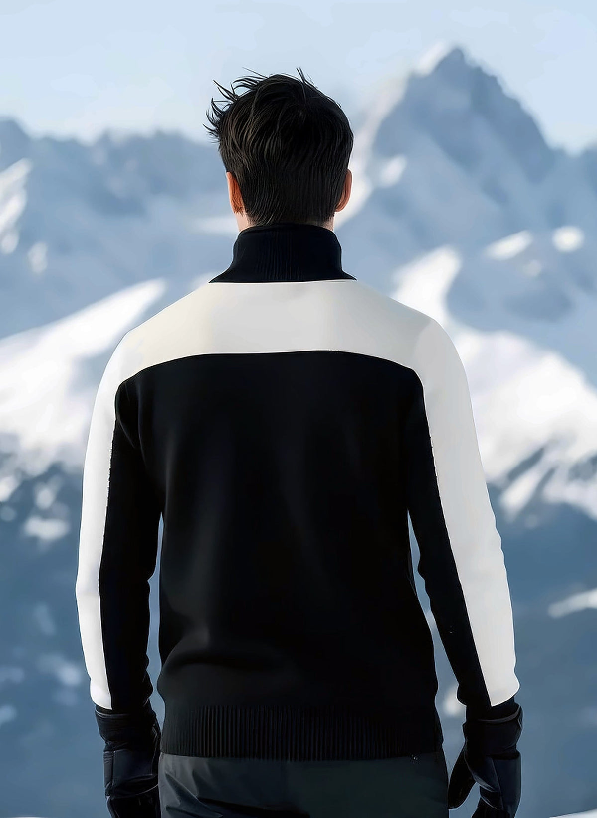 Back view of man wearing the black and white SKI half-zip ski turtleneck on a snowy mountain ridge.
