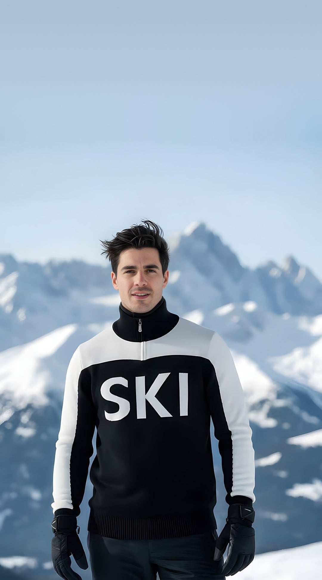 Man wearing the black and white SKI half-zip turtleneck ski sweater with black gloves on a snowy slope.