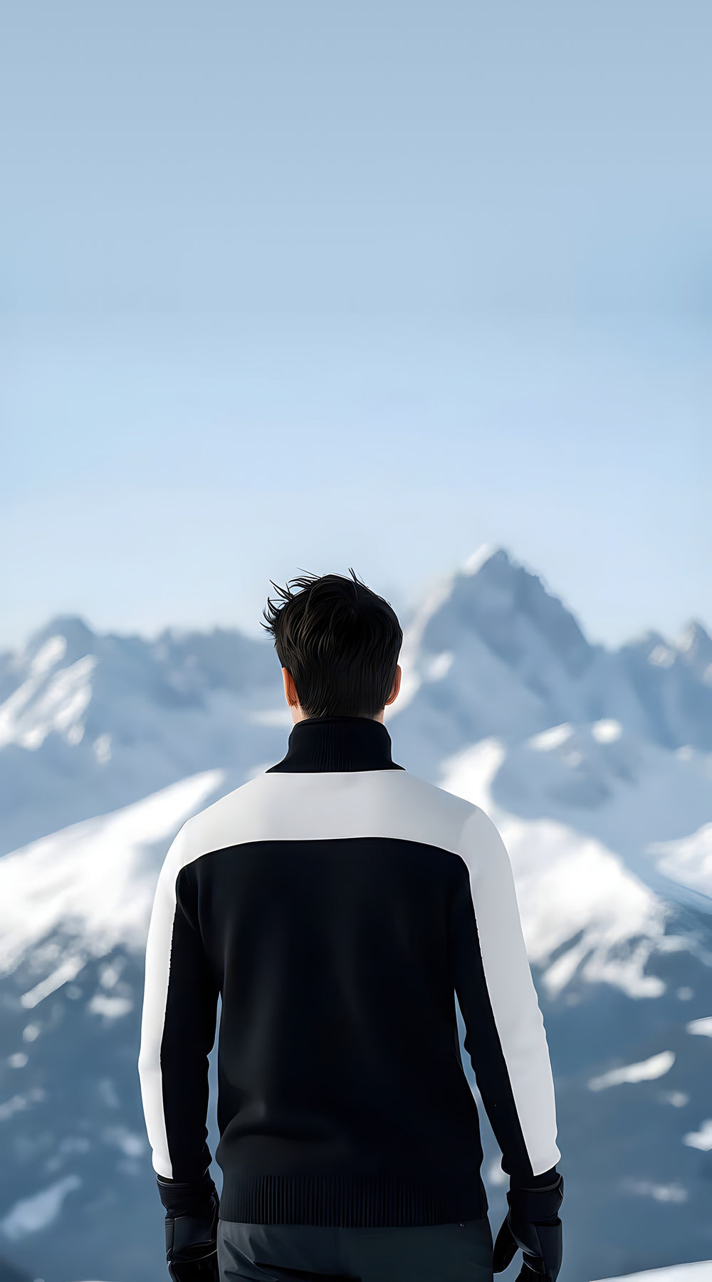 Back view of man wearing the black and white SKI half-zip ski turtleneck on a snowy mountain ridge.