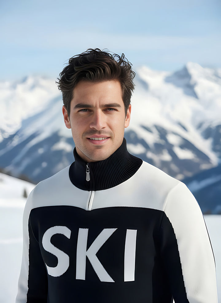 Close-up of the black and white SKI half-zip turtleneck ski sweater, showing the ribbed collar and knit detail.