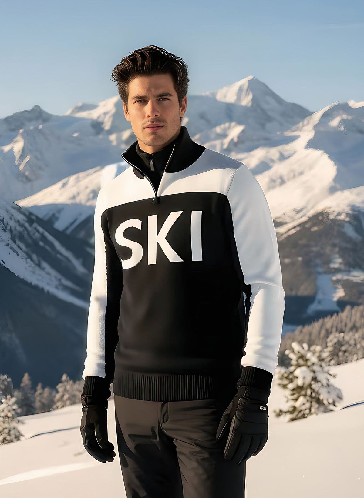 Man modeling the black and white SKI half-zip turtleneck ski sweater with gloves, snowy pines behind.