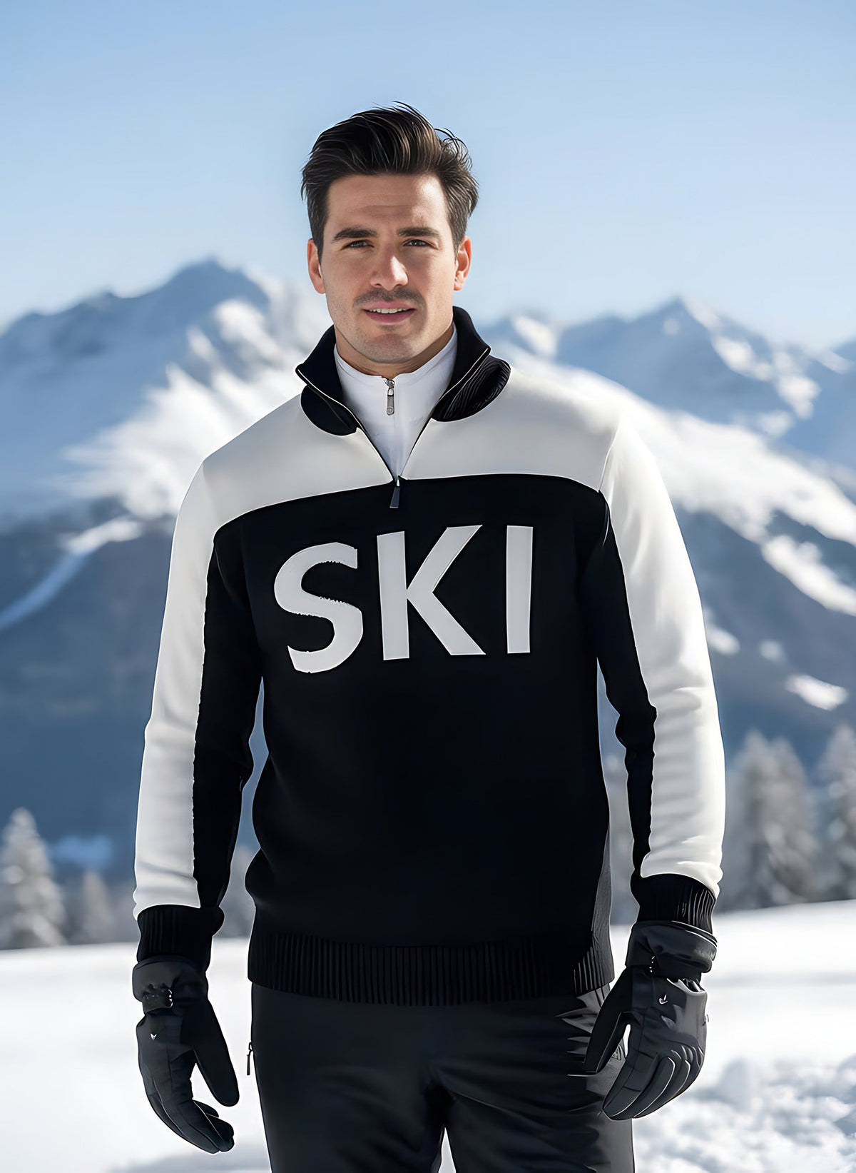 Man in the black and white SKI half-zip ski turtleneck with the collar unzipped, standing in snow with mountains.