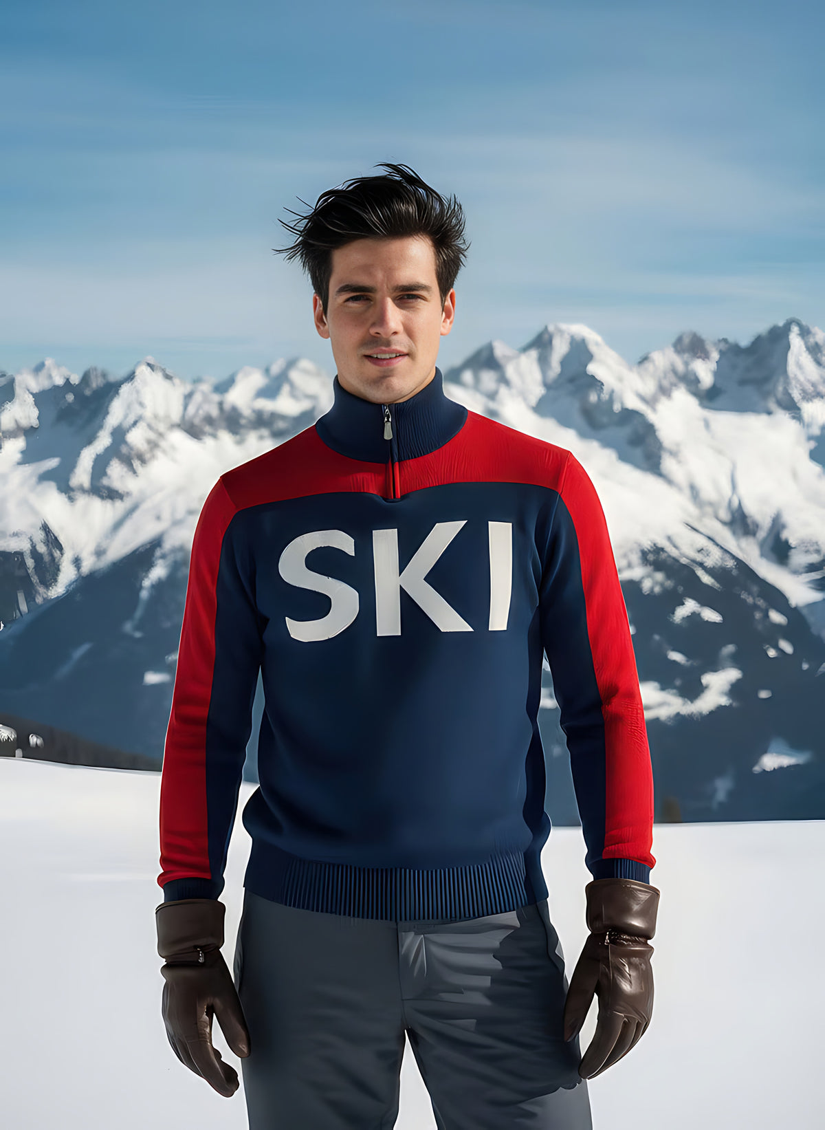 Man modeling the red, white, and navy SKI half-zip turtleneck sweater with leather gloves in the snow.