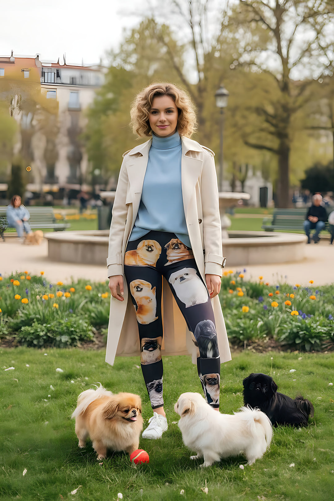 Woman modeling Pekingese print leggings with a trench coat in a park, surrounded by three real Pekingese dogs.