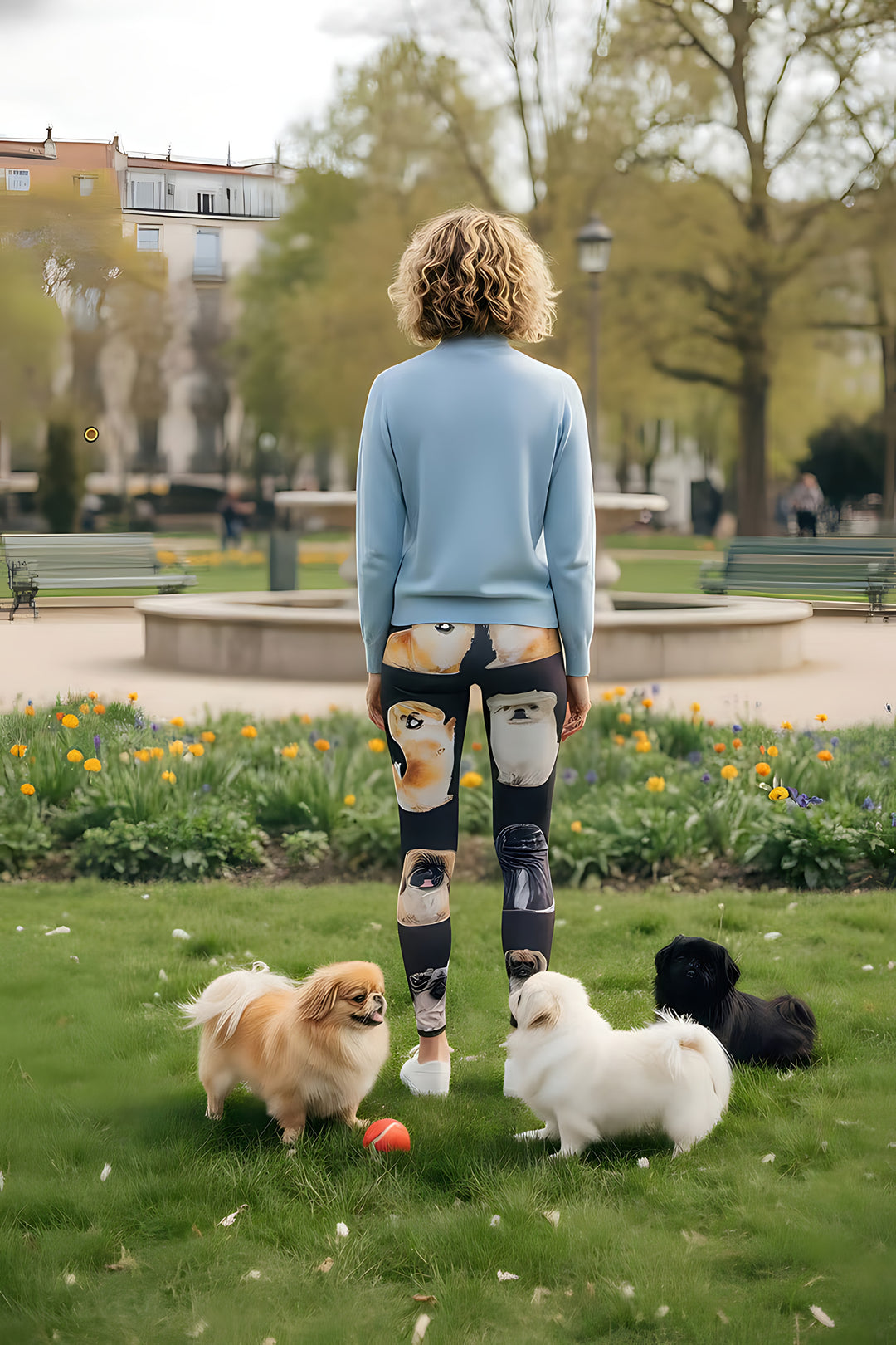 Back view of woman wearing Pekingese print leggings and a blue sweater in a park with small dogs at her feet.