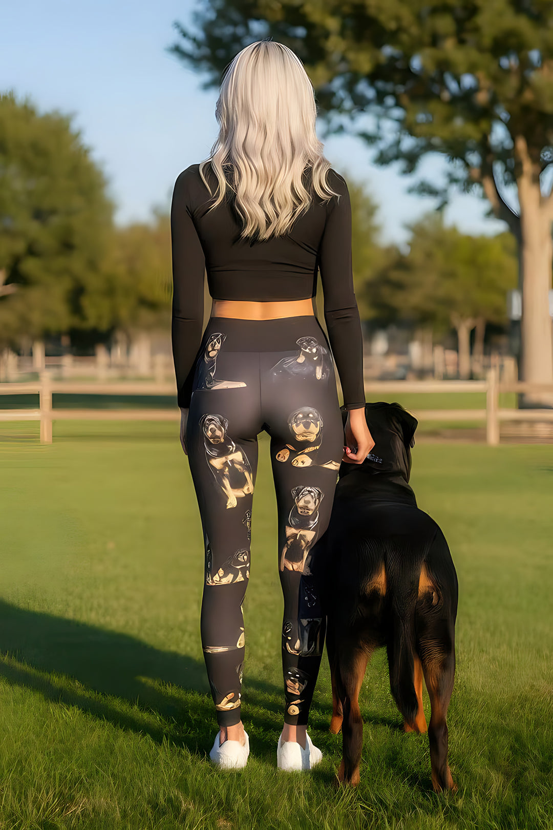 Back view of woman in Rottweiler print leggings with a real Rottweiler at her side in a sunny park.