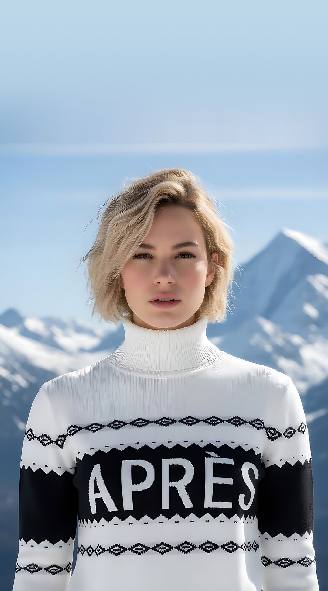 Close front view of the white Apres Ski turtleneck sweater with a black APRES knit band and black Nordic diamond patterns.