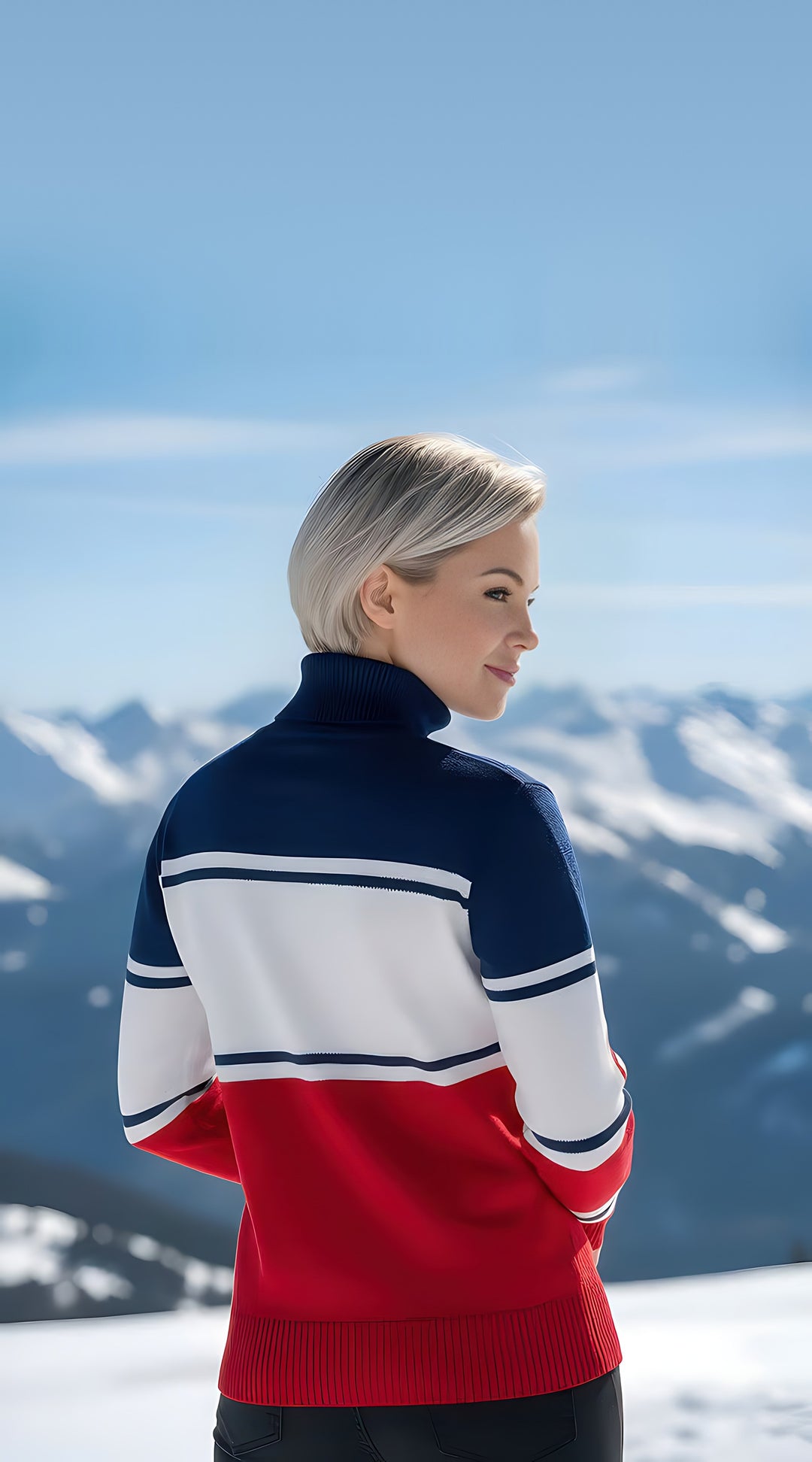 Back view of the red, white and navy Cowgirl Ski turtleneck sweater with striped knit bands, modeled on a snowy mountain.