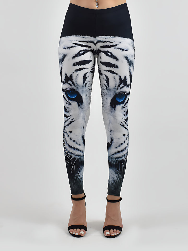 Blue-Eyed Tiger print leggings on a white background showing the full white tiger face with blue eyes down the legs.