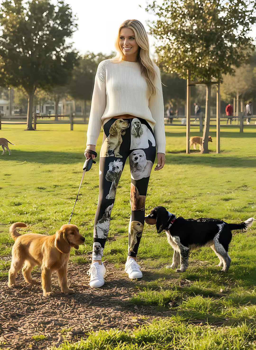 Woman in a white sweater standing with two puppies in a dog park, wearing Cocker Spaniel print leggings with realistic spaniel faces.