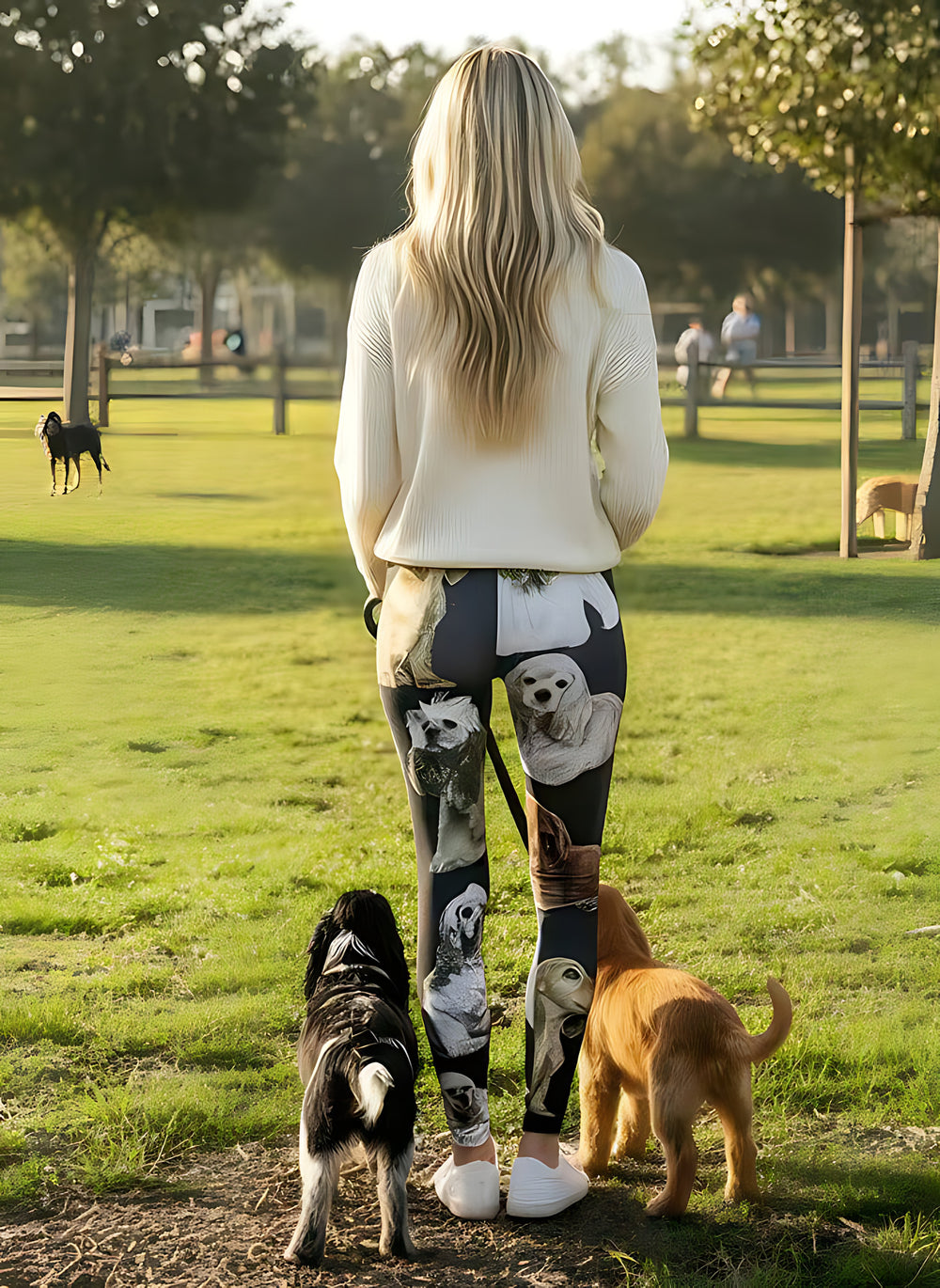 Back view of woman in a white sweater with two puppies at her feet in a dog park, wearing Cocker Spaniel print high-rise leggings.