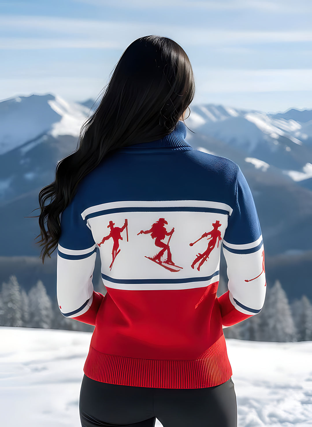 Back view of woman in the red, white, and blue Cowgirl Skiers turtleneck sweater with red skier silhouettes knit across the back.