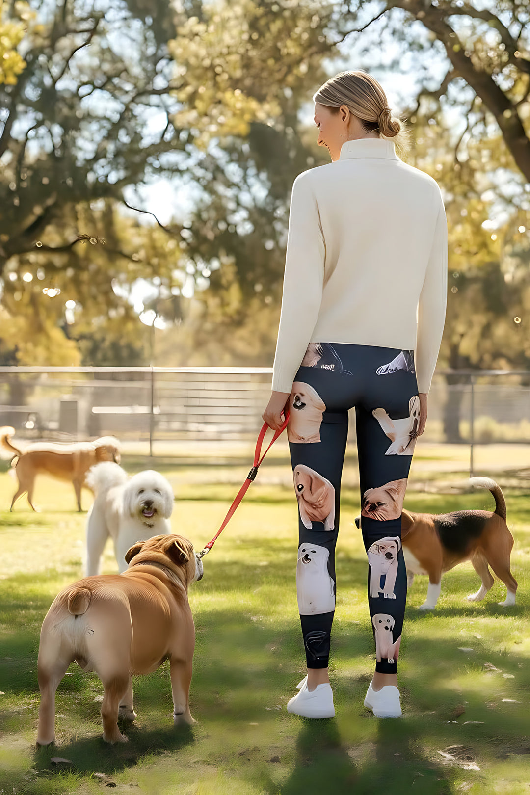 Back view of woman wearing Mixed Dog Breed print leggings, walking a bulldog on a red leash among dogs at a sunny dog park.