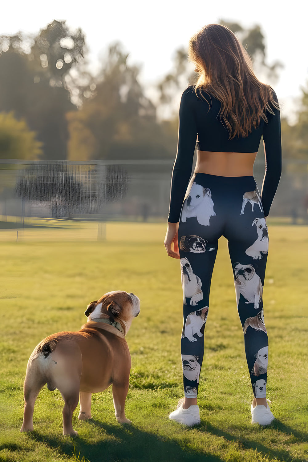 Back view of woman wearing English Bulldog print leggings with bulldog portraits, a real bulldog gazing up at her in a grassy field.