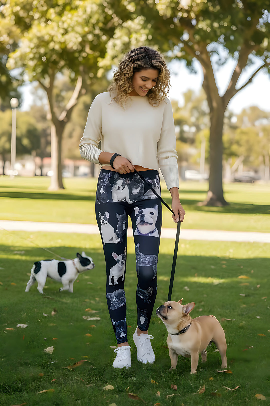 Woman in a cream sweater wearing French Bulldog print leggings with frenchie portraits, holding a leash as real French bulldogs gather in a park.