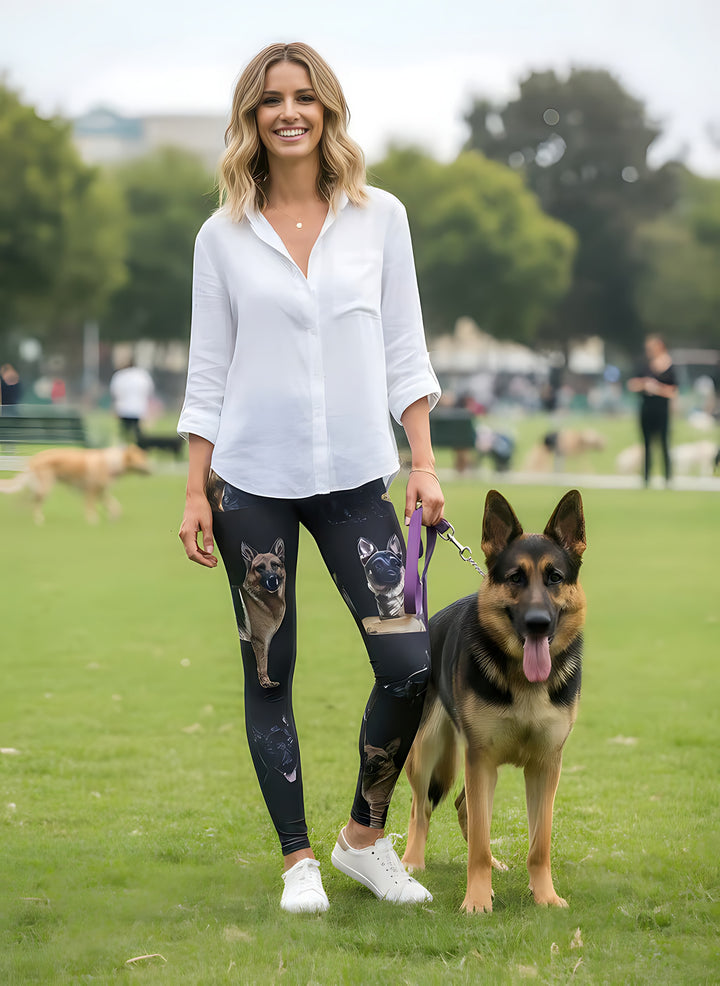 Woman in a white button-down shirt wearing German Shepherd print leggings, standing beside a real German Shepherd on a leash at the park.