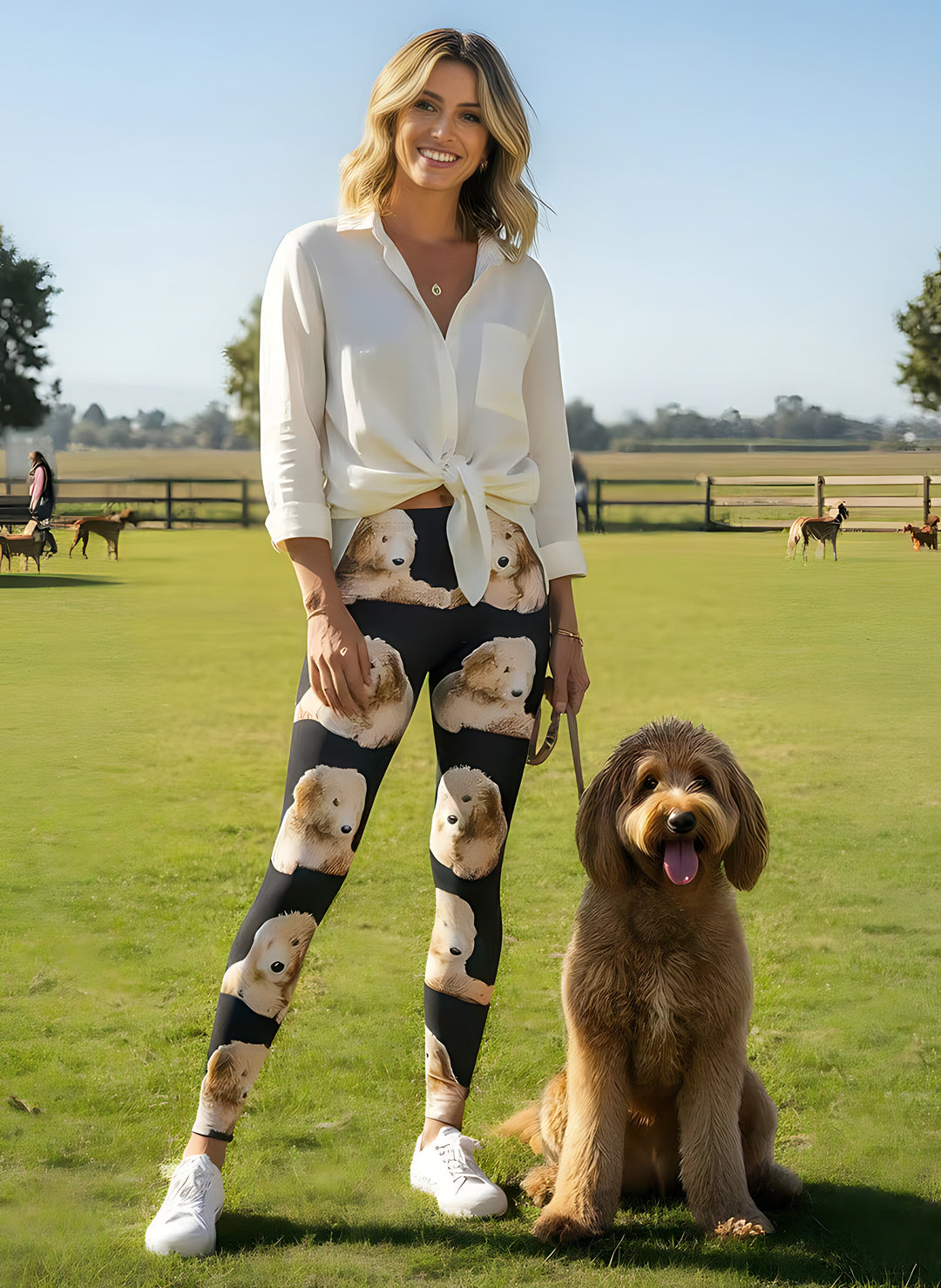 Woman in a tied white shirt wearing Goldendoodle print leggings with fluffy doodle faces, holding a real Goldendoodle on a leash in a sunny field.