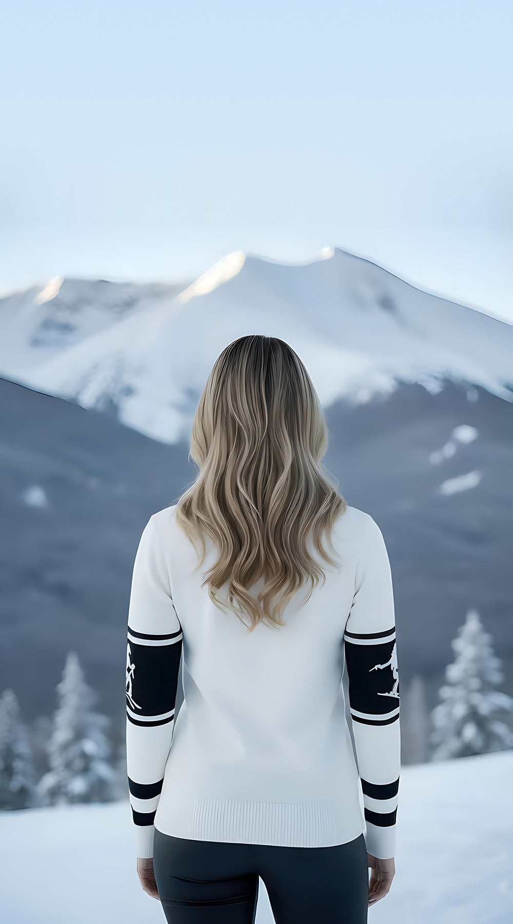 Back view of woman wearing the white Telluride half-zip sweater with navy skier sleeve bands, black ski pants, facing a snowy mountain.