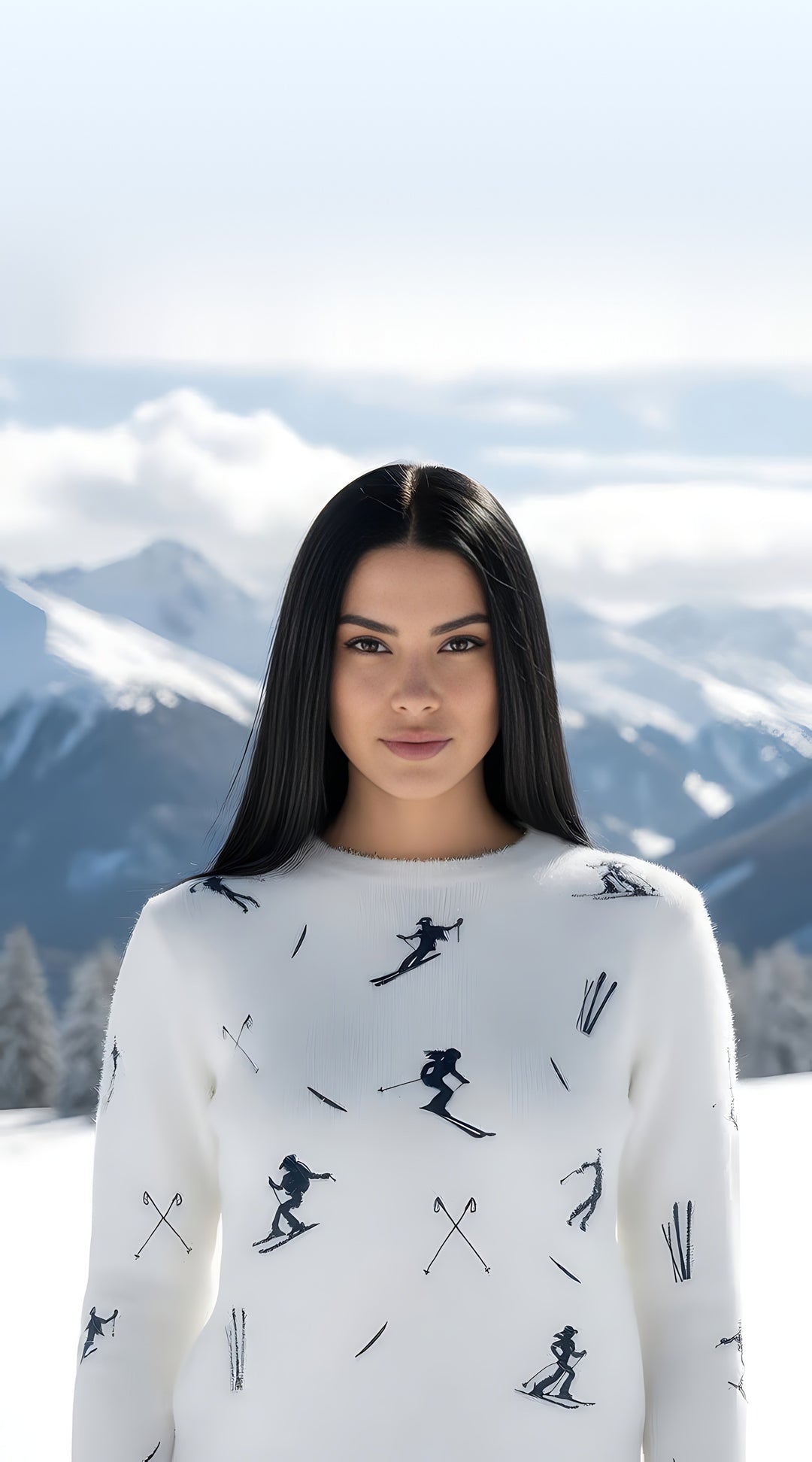 Woman wearing the white Cowgirl Skier jacquard sweater with navy skier silhouettes and crossed ski poles, snowy mountain backdrop.